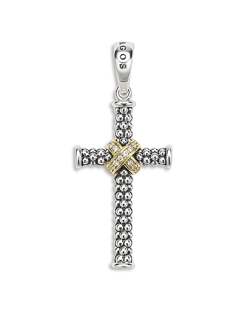 Lagos Small Two Tone Caviar Beaded Diamond Cross Amulet, 0.038 Tcw In Silver