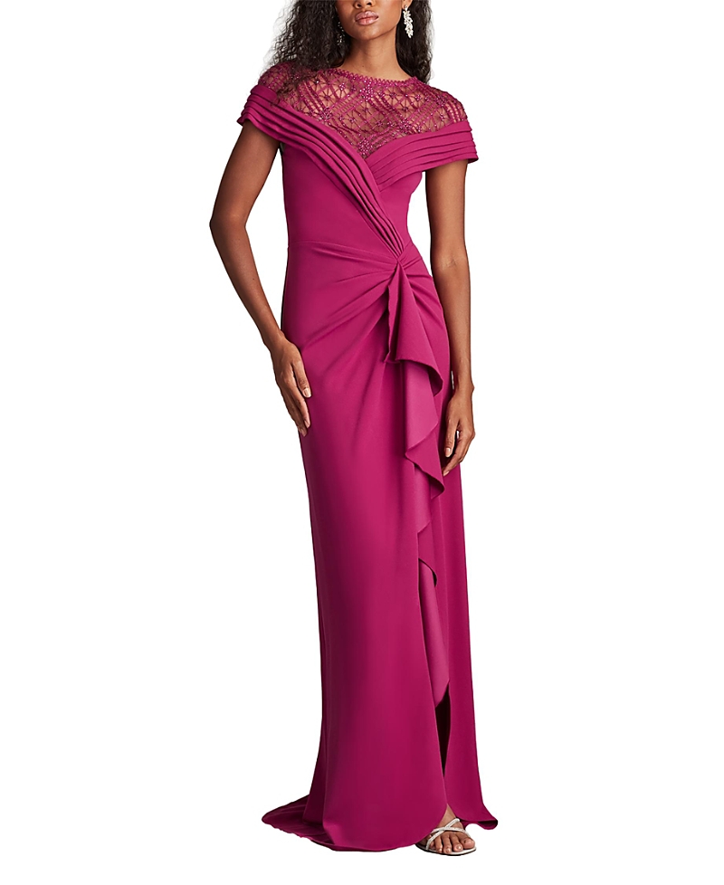 Tadashi Shoji Short Sleeve Gathered Slit Gown In Purple