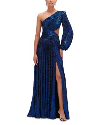 Metallic Pliss&eacute; One Shoulder Gown