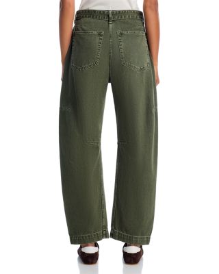Charlie High Rise Belted Barrel Jeans in Dark Olive Stone