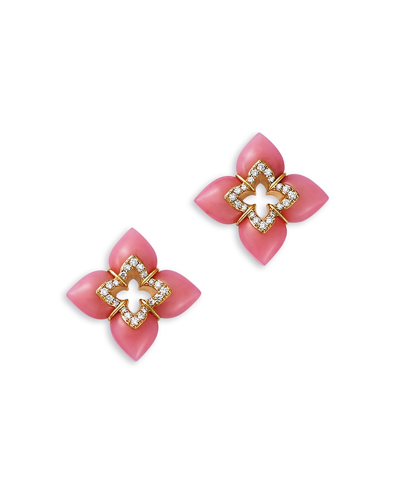 Roberto Coin 18k Yellow Gold Cabachon Pink Opal & Diamond Flower Stud Earrings In Multi