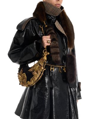 Chain Horse Embroidered Suede Shoulder Bag