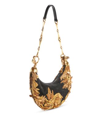 Chain Horse Embroidered Suede Shoulder Bag