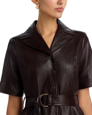 Faux Leather Short Sleeve Button Down Fit & Flare Dress
