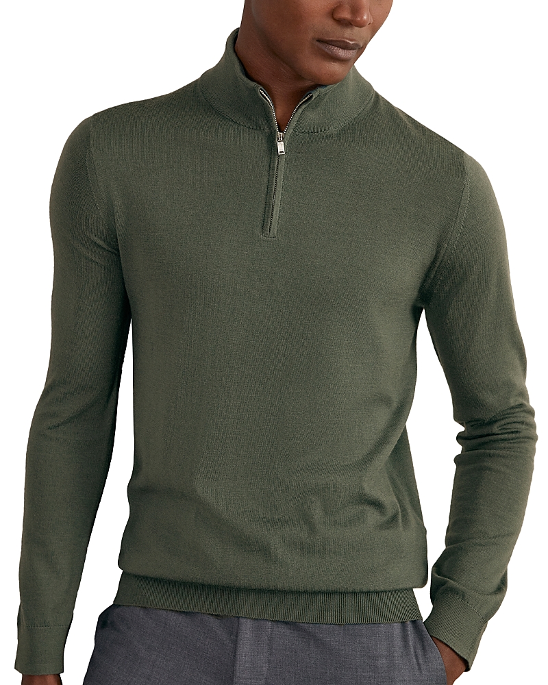 Reiss Blackhall Long Sleeved Half Zip Funnel Neck Merino Wool Sweater In Green