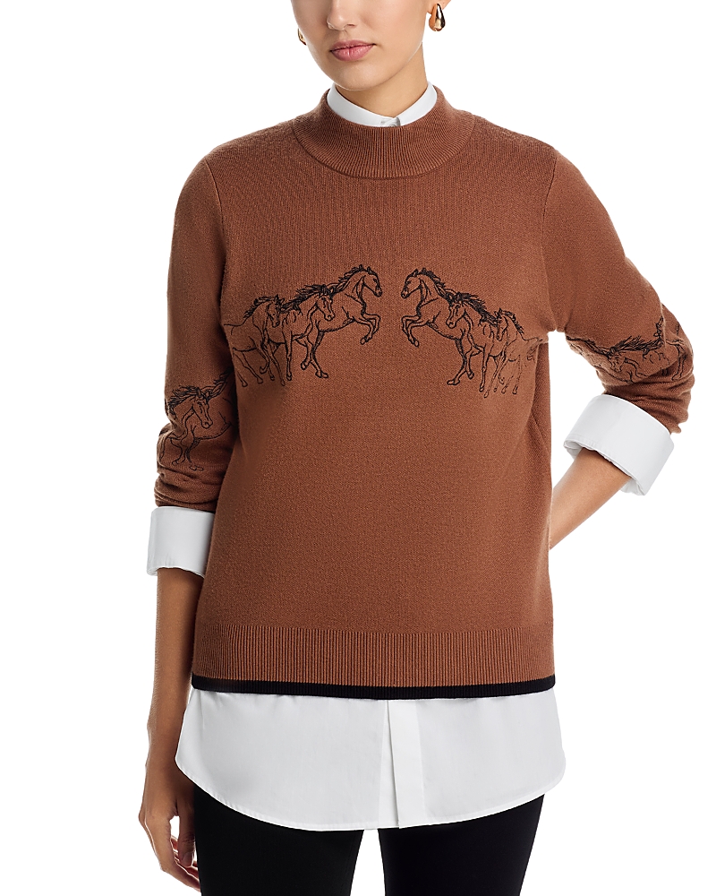 T Tahari Horse Embroidered Mock Neck Sweater
