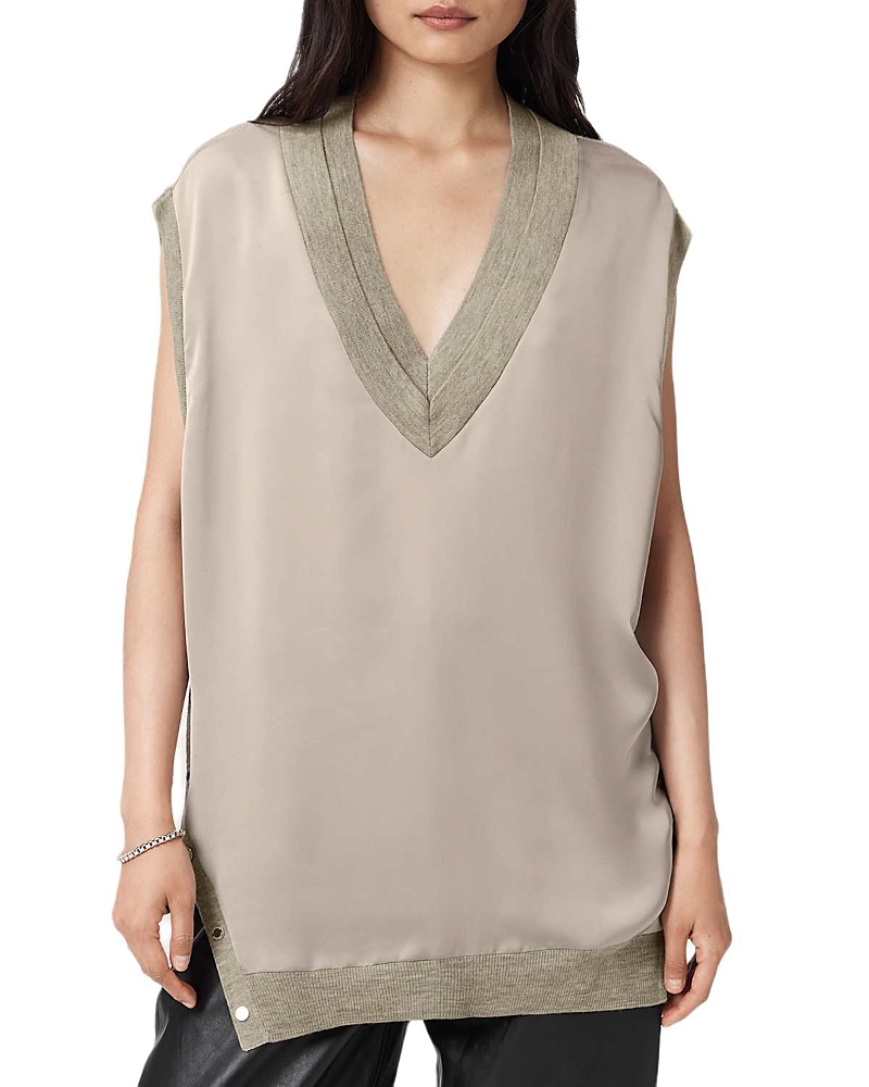 Allsaints Bern Side Snap Mixed Media Sweater Tank In Gray