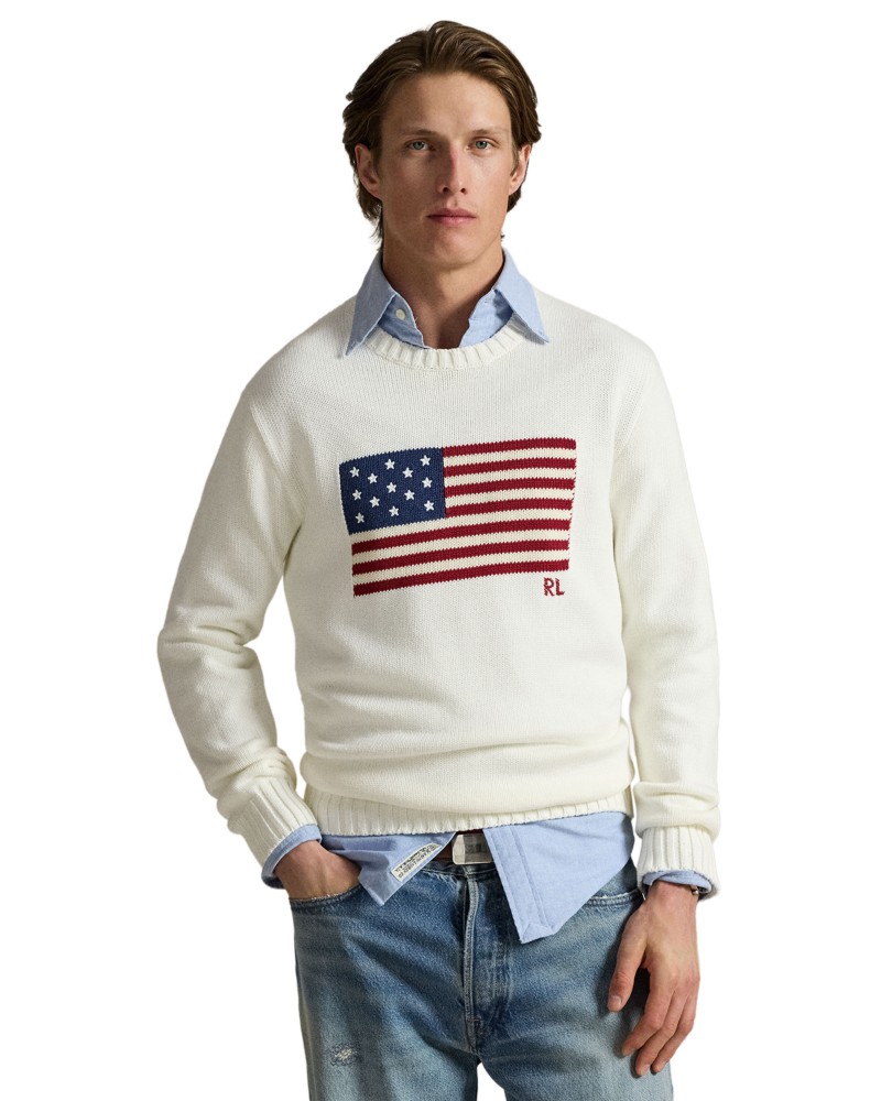 Polo Ralph Lauren Cotton American Flag Regular Fit Crewneck Sweater in White