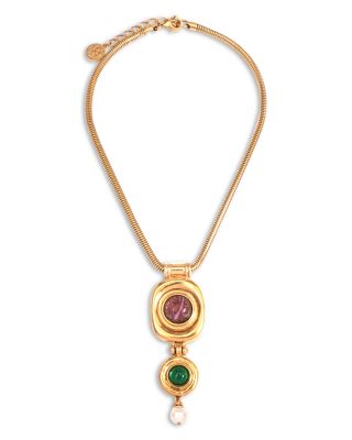 Mixed Color Stone & Glass Pearl Statement Pendant Necklace, 17"