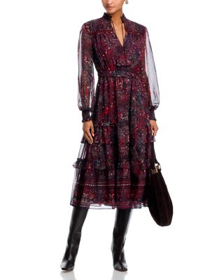 Long Sleeve Paisley Border Dot Midi Dress - Exclusive