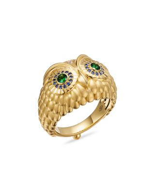 18K Yellow Gold FJ Tsavorite &amp; Blue Sapphire Athena Owl Ring