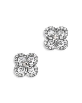 Diamond Round & Baguette Clover Stud Earrings in 14K White Gold, 0.5 tcw