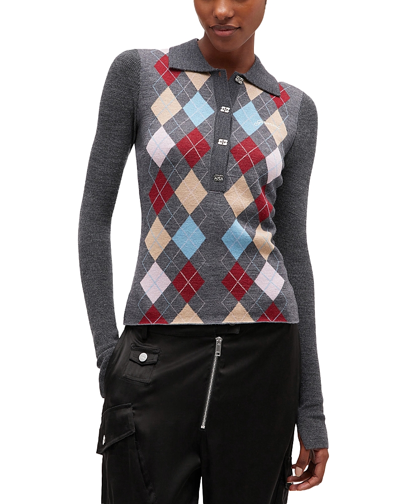 Ganni Fine Merino Wool Jacquard Knitted Polo Shirt In Gray