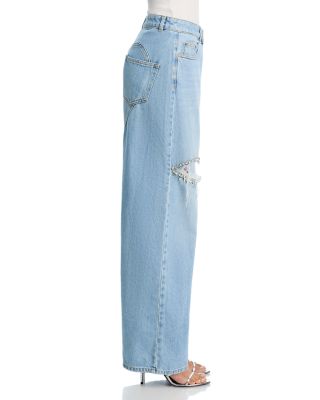 Distressed Crystal High Rise Relaxed Jeans in Medium Blue