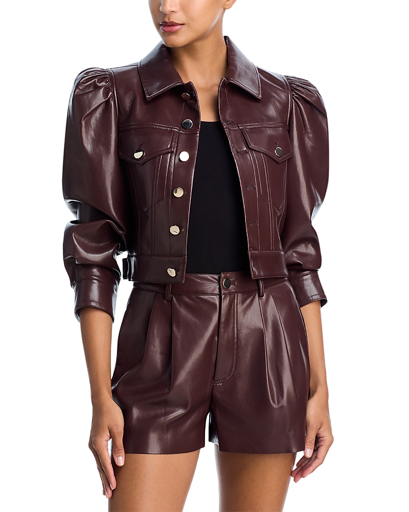 Alice And Olivia Lana Vegan Leather Puffed Sleeve Jacket Dark Chocolate In Brown
