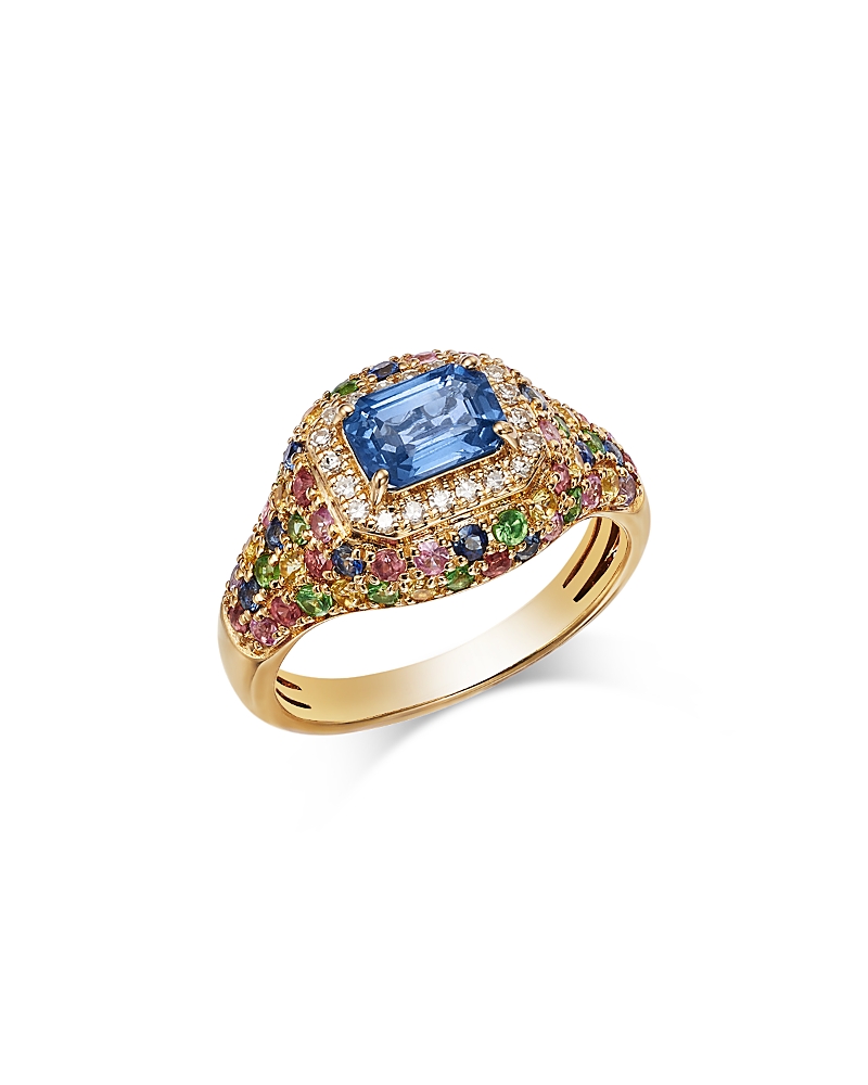 Bloomingdale's Fine Collection Rainbow Sapphire, Tsavorite Pave & Diamond Ring With Ceylon Sapphire Center Stone Pinky Ring In 14k In Gold