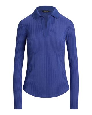 Rib Knit Long Sleeve Polo Top