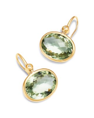 Prasiolite & Diamond Oval Drop Earrings in 14K Yellow Gold