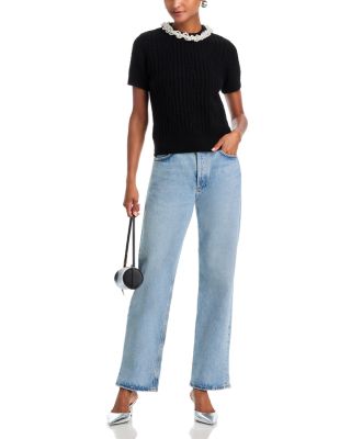 Faux Pearl Embellished Short Sleeve Sweater - Exclusive