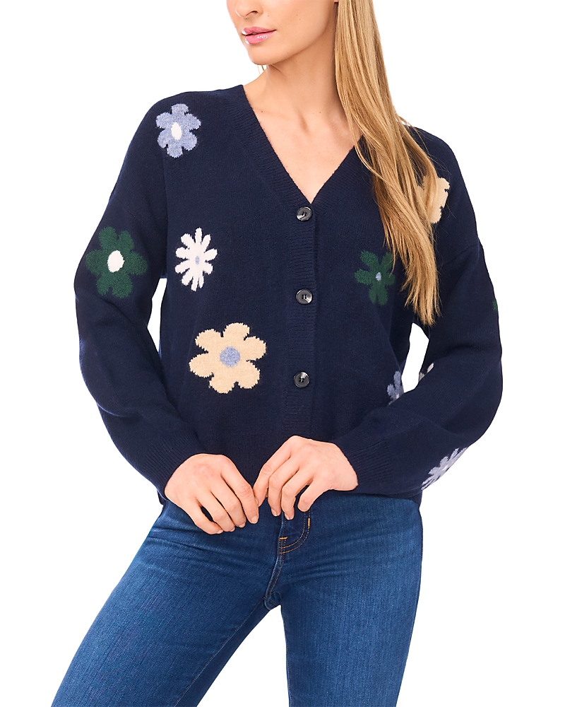 Cece Floral Cardigan In Blue