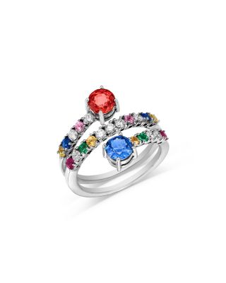 Ruby, Emerald & Rainbow Sapphire Wrap Ring in 14K White Gold