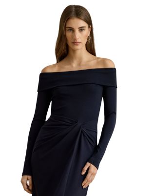 Rib Knit & Crepe Off The Shoulder Gown