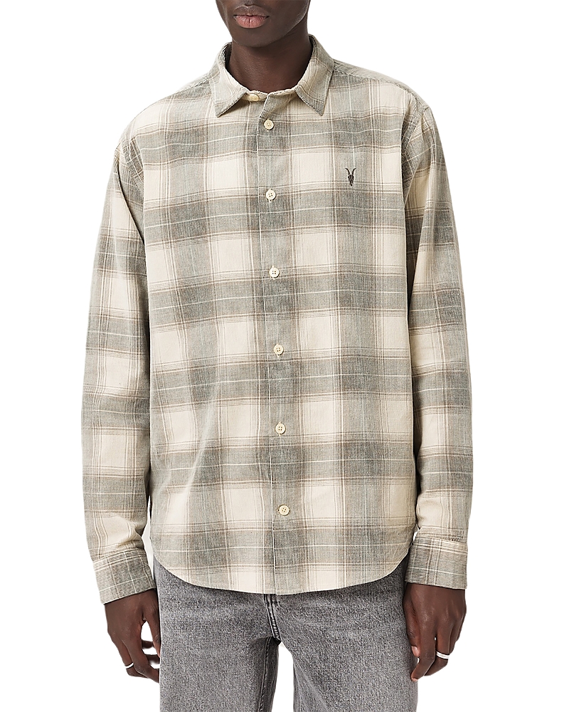 Allsaints Mens Sandshell Taup Yuki Logo-embroidered Checked Cotton Shirt In Brown