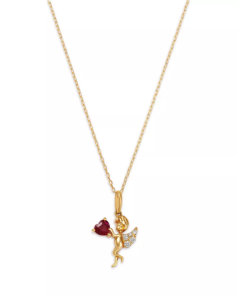 Bloomingdale's Fine Collection Ruby & Diamond Cupid Heart Pendant Necklace in 14K Yellow Gold, 18