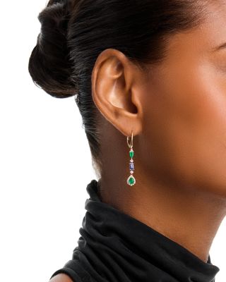 Emerald, Tanzanite & Diamond Linear Drop Earrings in 14K Yellow Gold