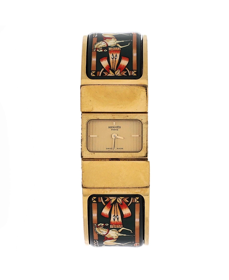 Pre-owned Pre-owned Hermes Hermes Loquet Quartz Watch In Plated Metal And Printed Enamel 20mm In Gold
