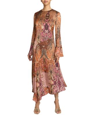 Rachel Long Sleeve Asymmetric Midi Dress in Printed Charmeuse
