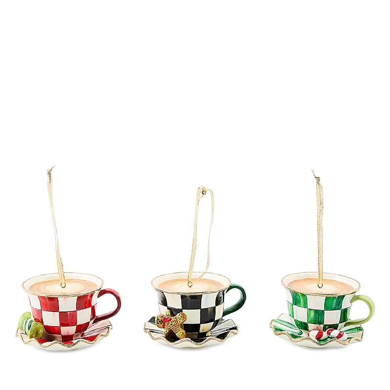 Mackenzie-childs Mackenzie Childs Set Of 3 Check It Out Teacup Glass Ornaments