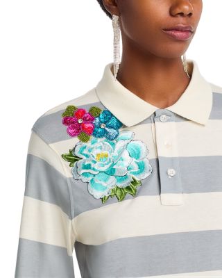 Embroidered Flower Rugby Stripe Crop Polo