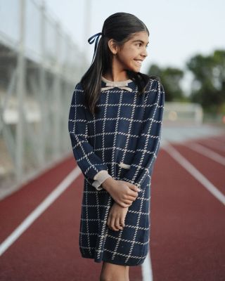 Girls' Organic Puff Sleeve Bow Detail Intarsia Sweater Dress - Little Kid, Big Kid