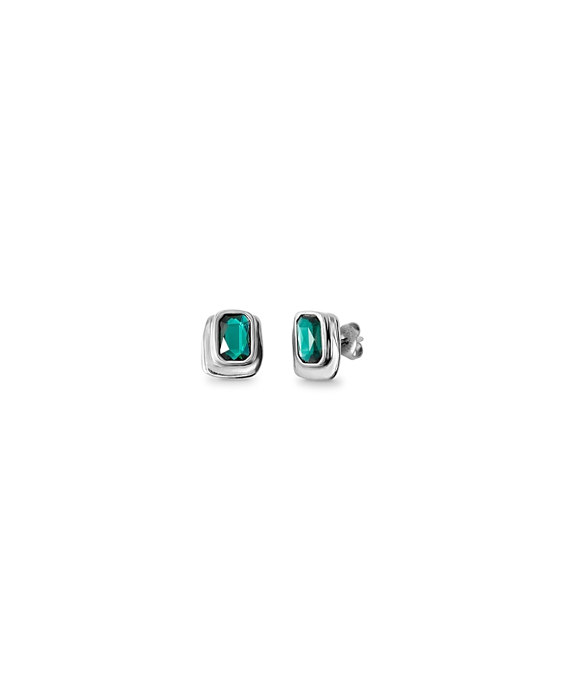 Unode50 Rectangular Sterling Silver-plated Earrings With Green Crystal In Silver
