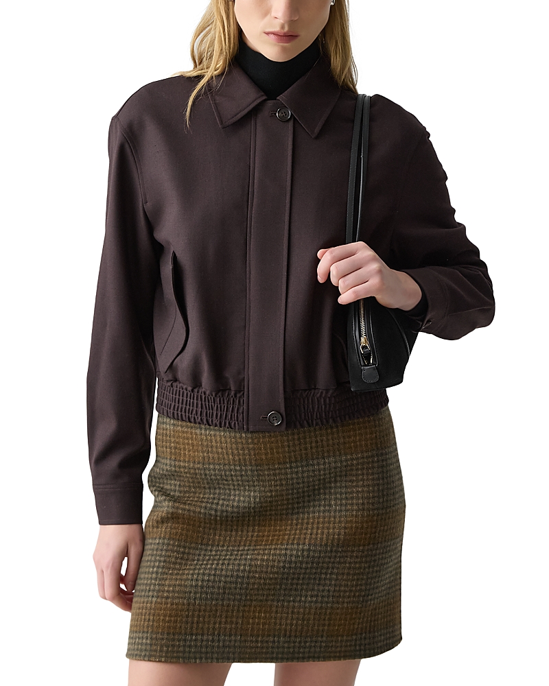 Theory Cropped Track Jacket In Wool-blend Flannel In Brown