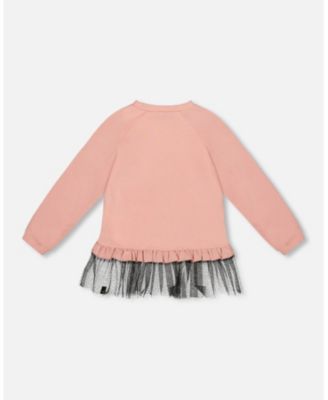  Girls' Long Bi-Material Top with Mesh Ruffle Hem and Leopard Print - Little Kid