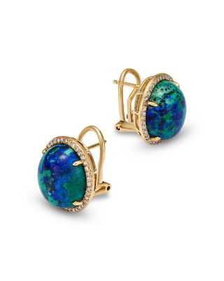 Azurite Malachite & Diamond Halo Stud Earrings in 14K Yellow Gold
