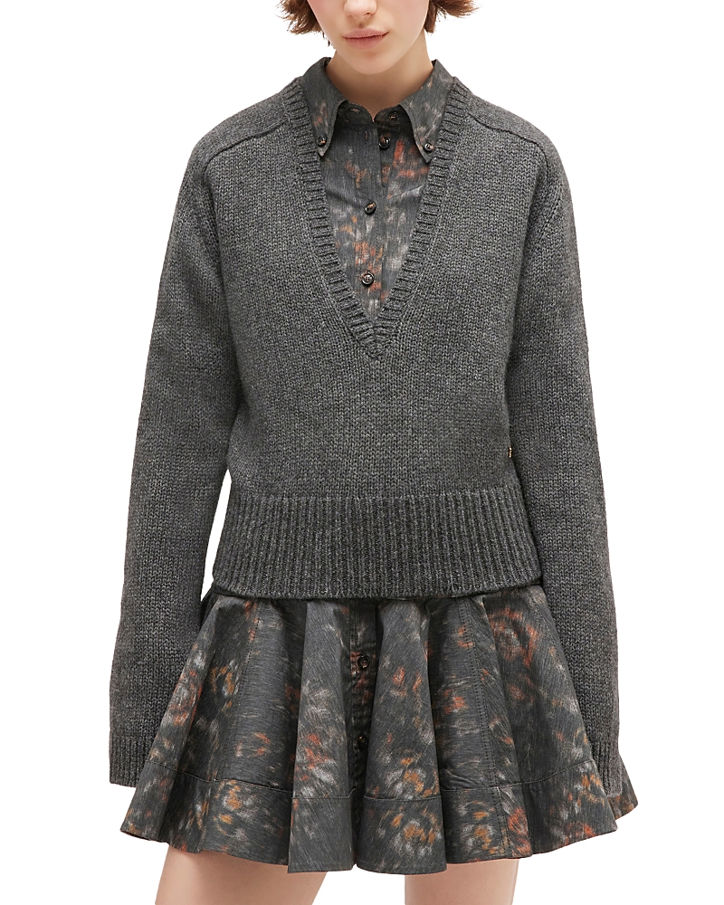 Ganni Deep V Neck Sweater In Gray