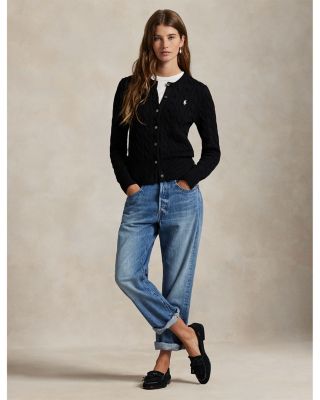 Cable Knit Cotton Crewneck Cardigan Sweater