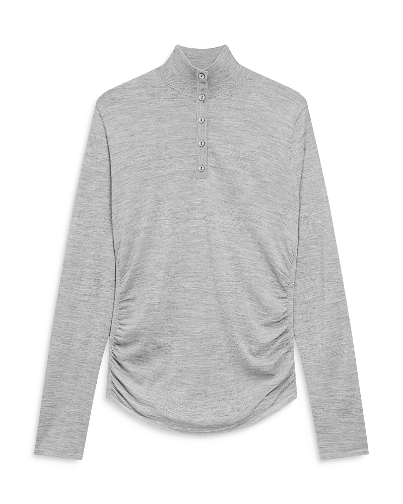 Theory Shirred Mock Neck Merino Wool Top In Gray