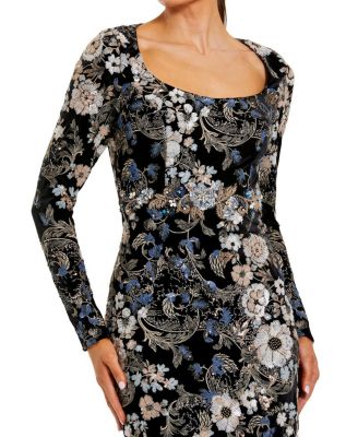 Embroidered Velvet Long Sleeve Scoop Neck Gown