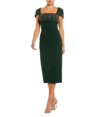 Crepe Embellished Cap Sleeve Fitted Midi Dress