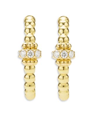 18K Yellow Gold Caviar Gold Diamond Rondelle Bead Hoop Earrings