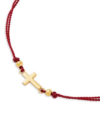 14K Yellow Gold Midi Bitty Symbols Cross Red Cord Slider Bracelet