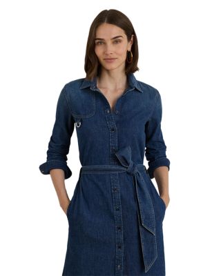 Petites Horsebit Trim Belted Denim Shirtdress