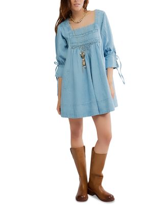 floor length denim dress AKIRA It's Britney Patchwork Maxi Barrel-Sleeve Denim Mini Dress evening long dress Color:Blue-Floral 100% Cotton Lining