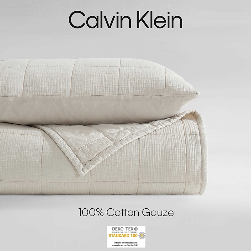 Calvin Klein Cotton Gauze Solid 3 Piece Quilt Set, King In Sand