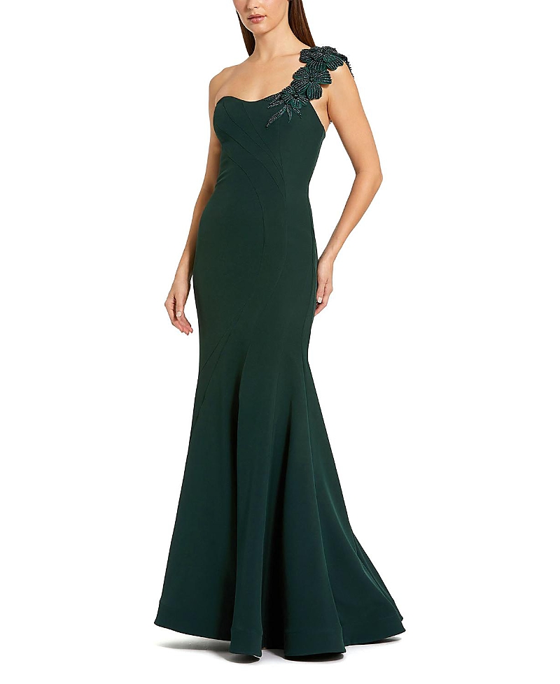 Mac Duggal Crepe One Shoulder Beaded Flower Mermaid Gown In Green
