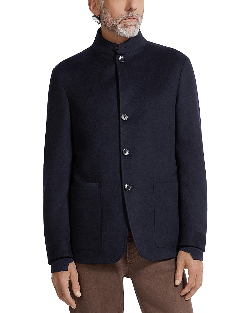 Zegna Cashmere Coat With Pockets And Collar In Blue